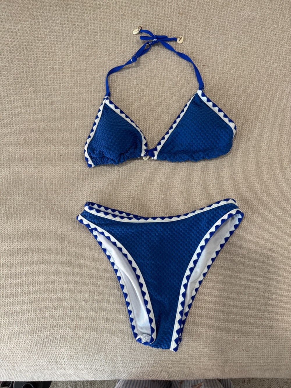 Blue Triangle Bikini Set with White Trim
